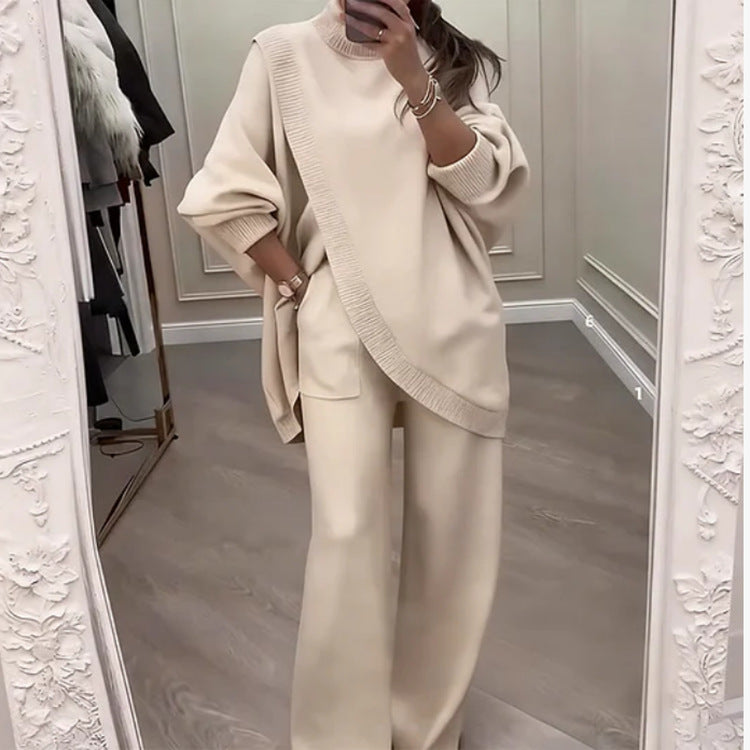 🔥 Γυναικείο σετ δύο τεμαχίων – Ασύμμετρο πουλόβερ + φαρδύ παντελόνι, φαρδιά εφαρμογή, απαλό ύφασμα, εξαιρετικά άνετο👚 Δωρεάν αποστολή✨