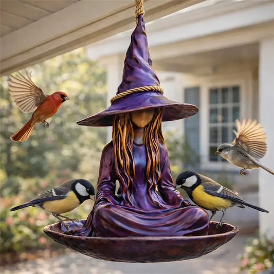 Comedero colgante para pájaros "Bruja meditando", decoración creativa y mágica para jardín, patio y terraza, material duradero.