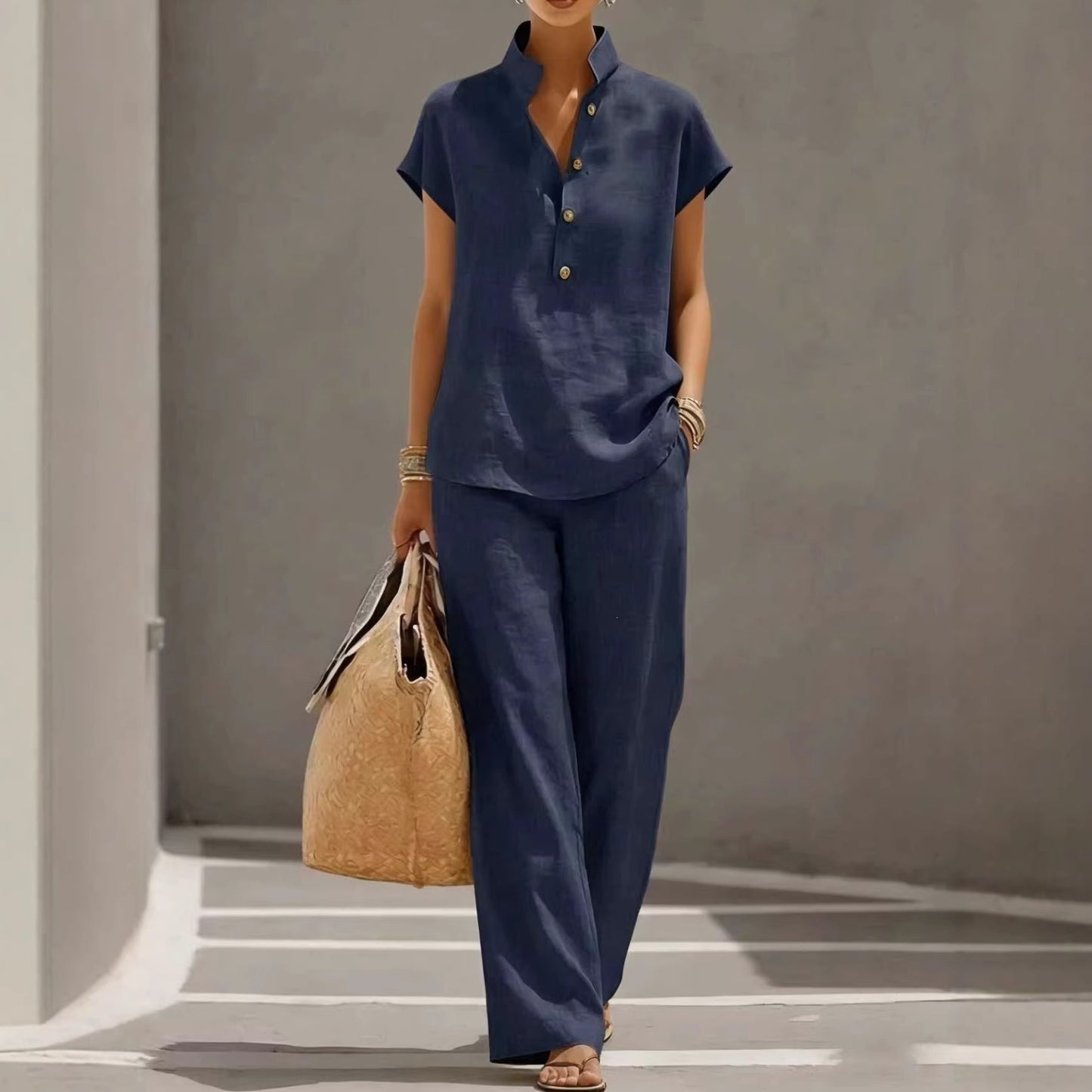 🔥【¡Oferta al 50%!!】✨Conjunto de mujer de lino y algodón: blusa de manga corta y pantalón ancho, estilo casual elegante de verano