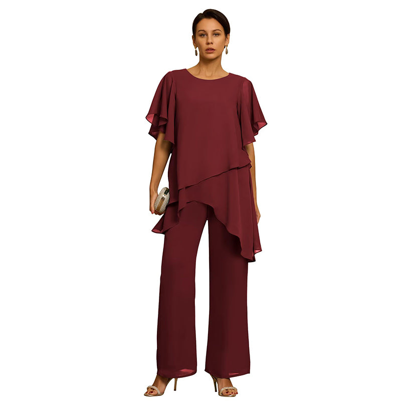 【Oferta por tiempo limitado】Elegante Conjunto de Chifón: Top Asimétrico με Volantes y Pantalón Ancho – Look Sofisticado para Eventos