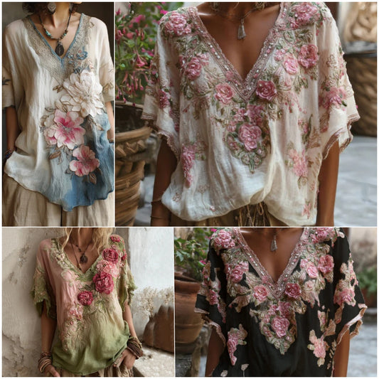 🌺【Omezená nabídka】Elegantní halenka s květinovým potiskem a hlubokým výstřihem do V 【S-4XL】