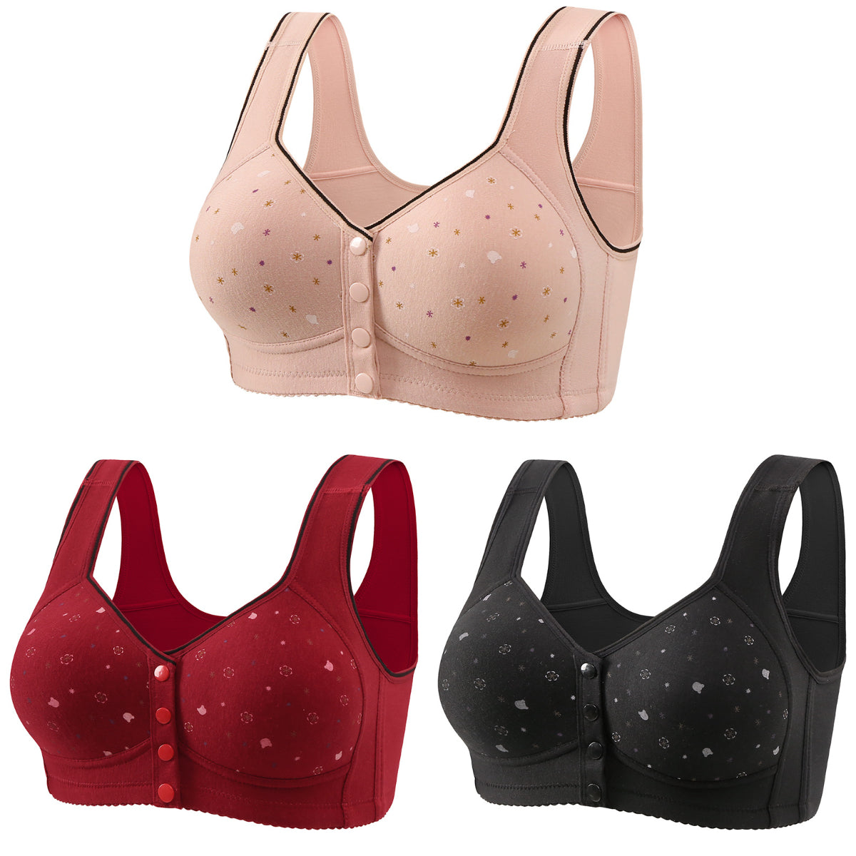 😍【Balení 3 kusů】Dámská bezdrátová podprsenka s knoflíky 【40-120kg】❤️Bumbac přírodní antibakteriální pohodlná pohodlná