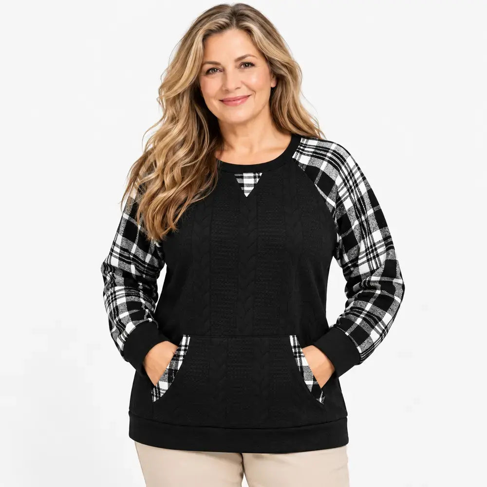 【S–2XL / 6 barev】Podzimní/zimní svetr s kostkovaným vzorem – západní styl, volný střih, dlouhé rukávy, kulatý výstřih, patchwork