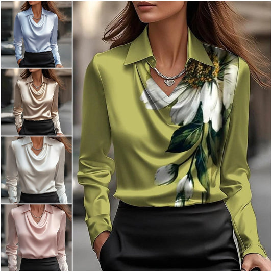 🔥✨Camisa lisa de mujer con estampado y cuello vuelto