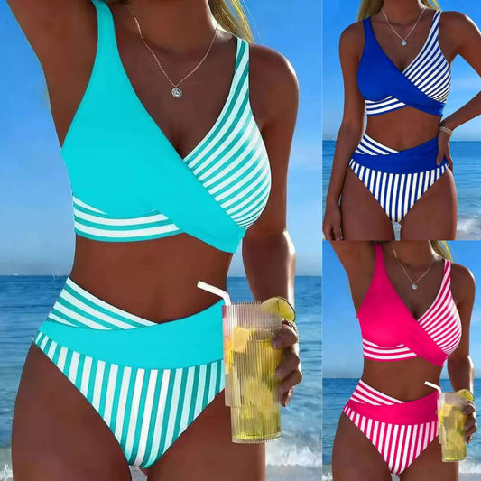 【40-100kg】Dwuczęściowe, kolorowe bikini w bloki i paski