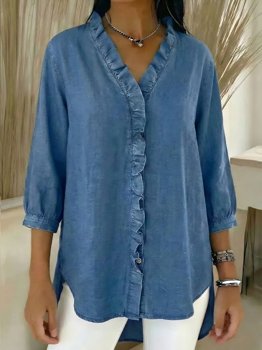 🔥 Pago contra reembolso ✅️【40-100kg】Camisa vaquera informal para mujer con cuello en V y volantes-4286615