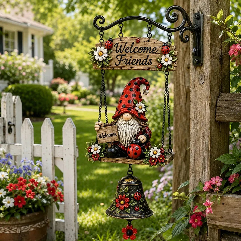 Vítací zvonek se zahradním trpaslíkem, cedulka „Welcome“, retro zvonek z bronzu, železný nástěnný držák, dekorace na zahradu a terasu