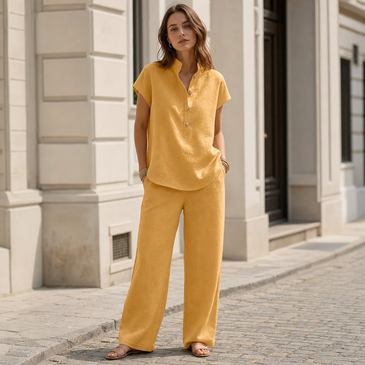 🔥【¡Oferta al 50%!!】✨Conjunto de mujer de lino y algodón: blusa de manga corta y pantalón ancho, estilo casual elegante de verano