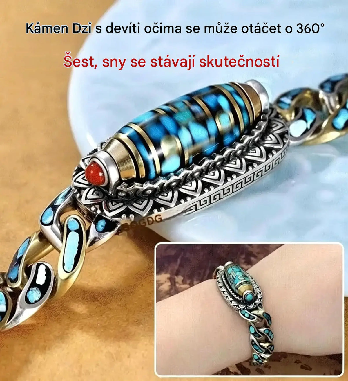 ✨ Retro náramek se šestimístným tyrkysem a mantrou ze stříbra ryzosti 925 s posuvnými korálky