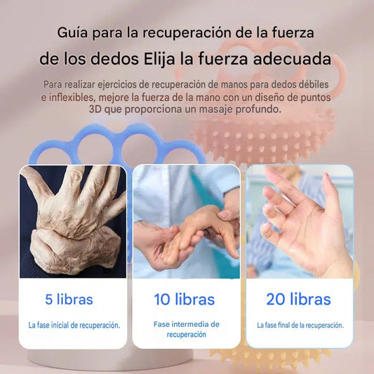 Pelota de entrenamiento ortopédico para la rehabilitación de dedos y manos, con anillo de sujeción.