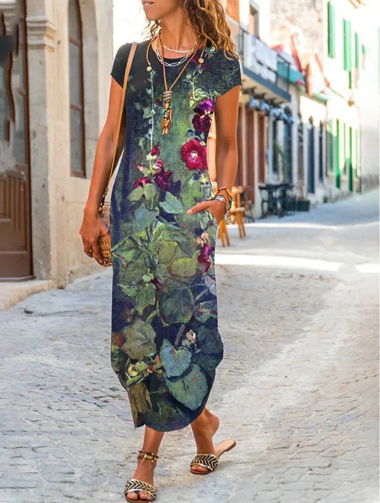 🌸【S-3XL】Nové jarní 2025 dámské stylové elegantní dlouhé šaty s potiskem-3943486