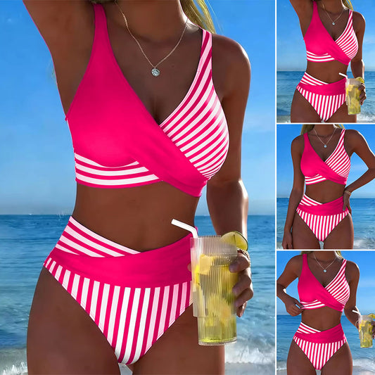 🩱【S-3XL】Bikini de dos piezas con bloques de color y estampado de rayas – Pago contra entrega