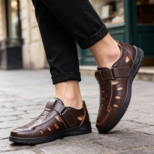 【38-44】👞Sandalias casuales antideslizantes de cuero genuino transpirables con diseño calado para hombre, colección verano 2026
