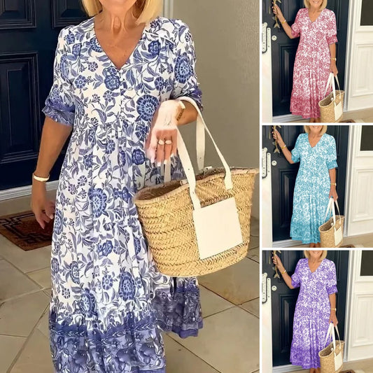 【S-3XL】2026 nuevo vestido largo floral elegante con cuello en V