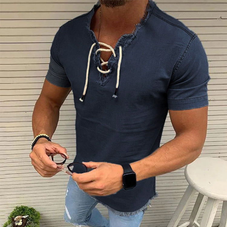 🤠👔【Sleva 50%✨】【S–4XL】Pánské tričko s krátkým rukávem z elastické džínoviny, s dekorativní šňůrkou, dostupné ve větších velikostech