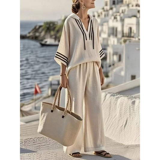 👚👖【S-5XL】【Μπλούζα + Παντελόνι】Νέο casual σετ δύο τεμαχίων: τοπ με κουκούλα και μανίκια τριών τετάρτων + παντελόνι με φαρδιά γραμμή✨【40-120kg】