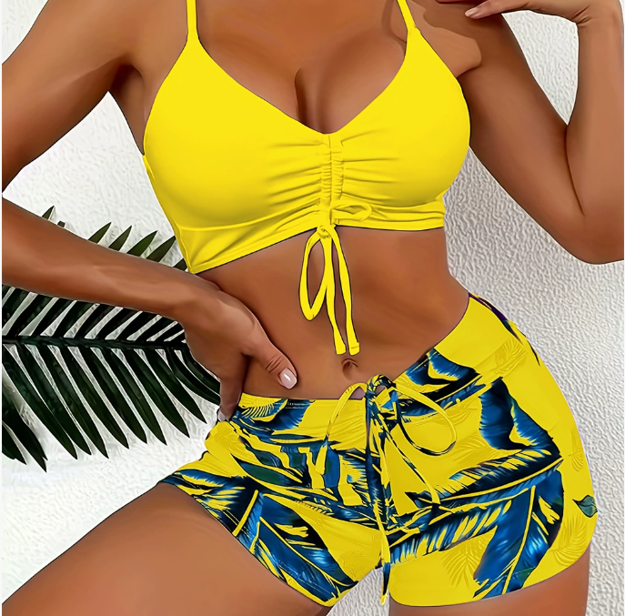 ♀️Traje de baño elegante de talla grande estampado con pantalón corto anti-escapadas