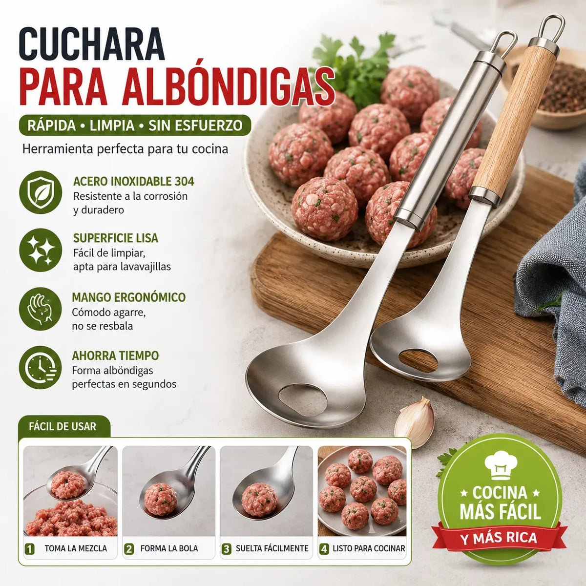 🍖 🥄【2 piezas】Molde para albóndigas de acero inoxidable 304 – ideal para hacer albóndigas de carne y de pescado, perfecto para cocinar en casa