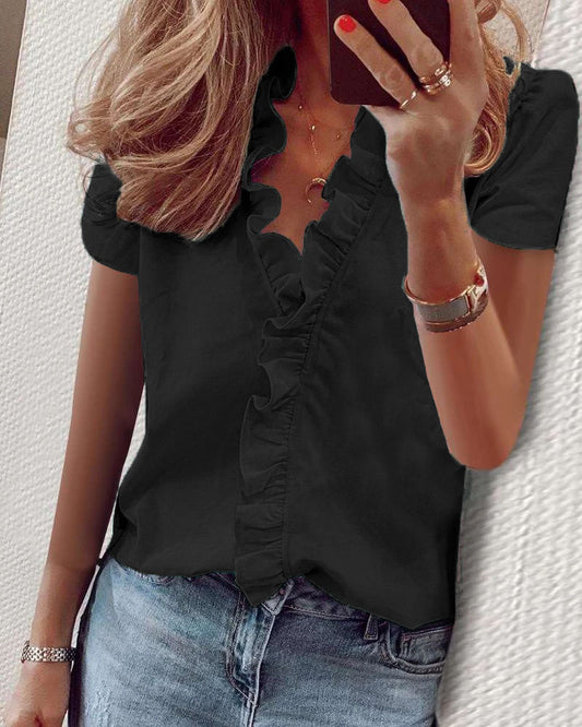 🔥Pago contra entrega✅️【S-5XL】Camiseta casual de manga corta para mujer, diseño con cuello en V y volantes