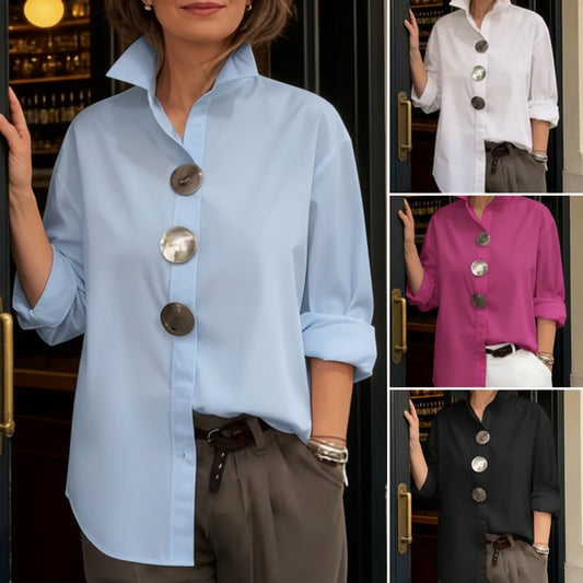 ⏰Novedad 2026🤩Elegante y con estilo❤️👉Camisa de mujer de algodón y lino, cuello mao, botones metálicos_4284344