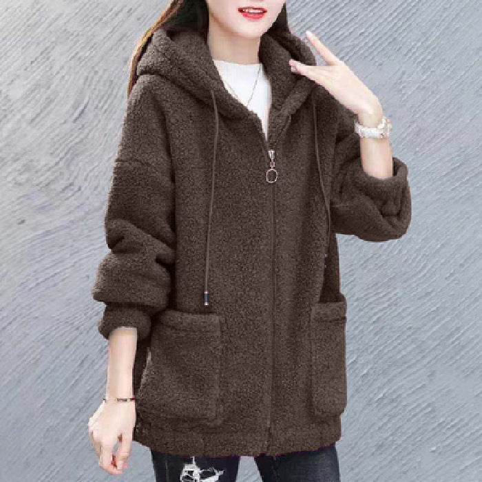 🔥✨【M–4XL】2026 Nová zimní dámská módní plus size vlněná fleecová bunda s kapucí