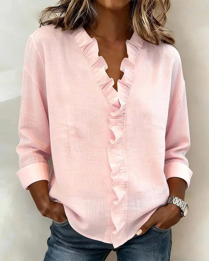 🔥 Pago contra reembolso ✅️【40-100kg】Camisa vaquera informal para mujer con cuello en V y volantes