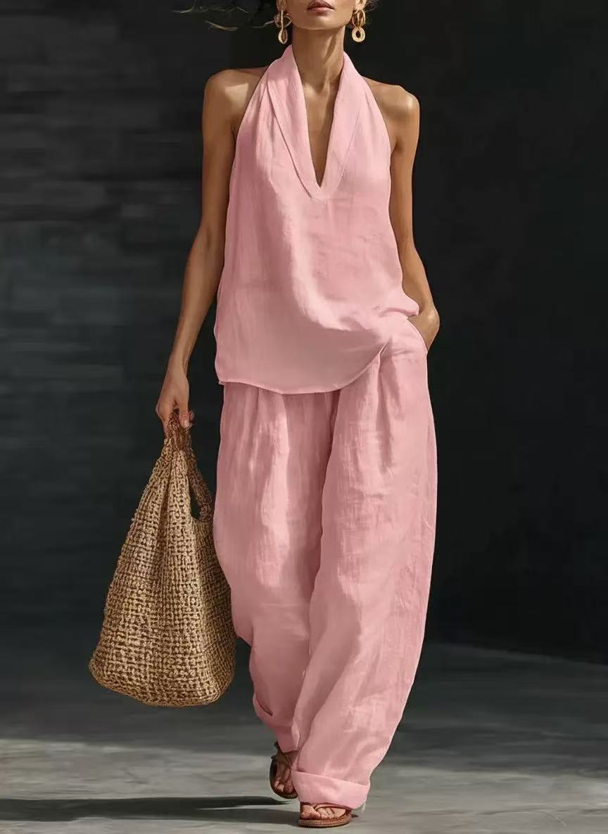 【S-5XL】💥Conjunto casual para mujer, top con cuello en V + pantalón de pierna ancha_4282583