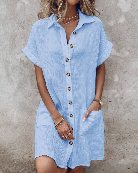 【S-2XL】2026 Vestido suelto de lino y algodón de manga corta y largo medio con botones