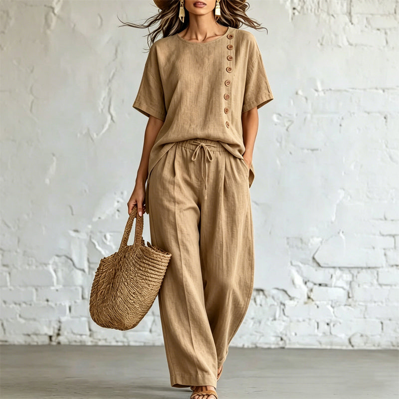 🎨 【Conjunto de camiseta y pantalón de pierna ancha】Conjunto casual moderno hecho de algodón y lino, cómodo y transpirable.