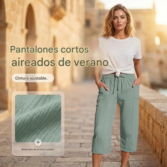 🌸【Compra 1 y llévate 1 gratis】Pantalones cropped plisados de color sólido para mujer, de algodón y lino