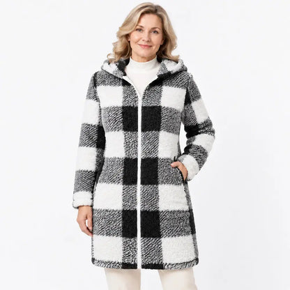 ✨【S–3XL】Dlouhý oboustranný dámský kardigan/kabát se zipem – umělá kožešina a kostkovaný vzor (podzim/zima)