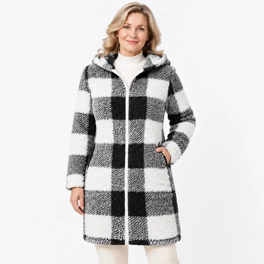 ✨【S–3XL】Dlouhý oboustranný dámský kardigan/kabát se zipem – umělá kožešina a kostkovaný vzor (podzim/zima)