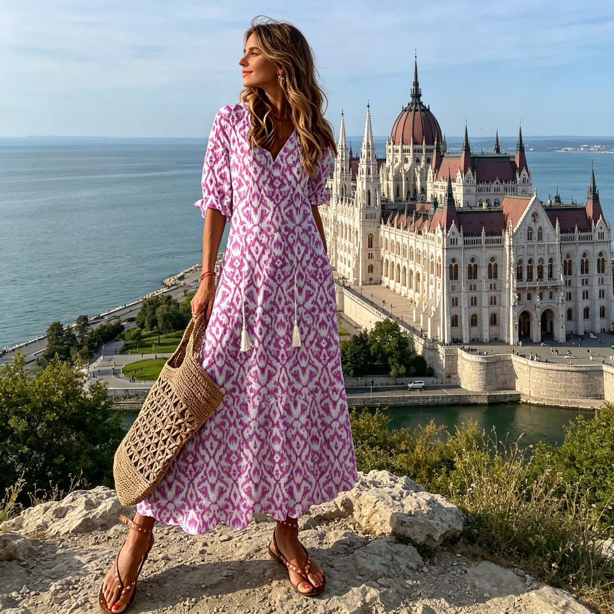 👗【S-3XL】Vestido de verano a la moda, estampado con escote en V, transpirable y cómodo, efecto adelgazante