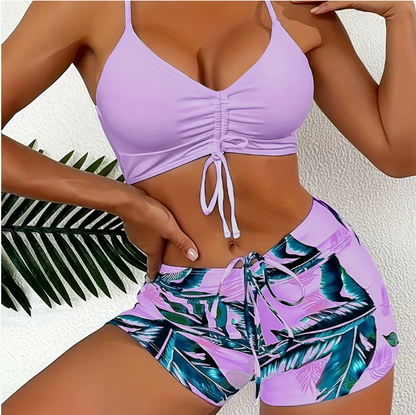 ‍♀️Traje de baño elegante de talla grande estampado con pantalón corto anti-escapadas