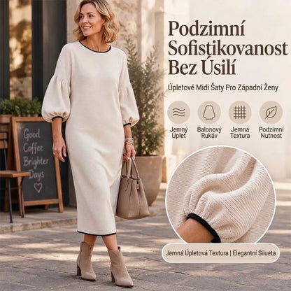 【S-2XL】Dámské pletené midi šaty s texturovaným povrchem a nabíranými rukávy