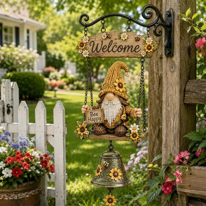 Vítací zvonek se zahradním trpaslíkem, cedulka „Welcome“, retro zvonek z bronzu, železný nástěnný držák, dekorace na zahradu a terasu