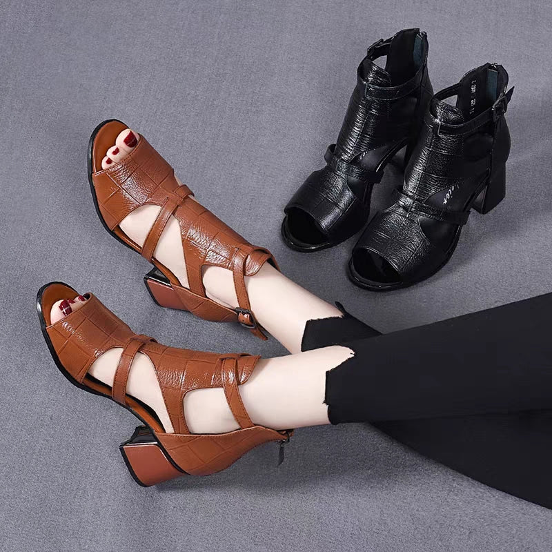 👡✨【35-40】Νέα σανδάλια από μαλακό δέρμα, με στυλ «ψαροκόκαλο», «ψαροστόμα», «κενό στόμα» και χοντρό τακούνι