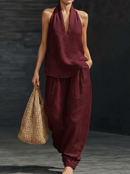 【S-5XL】💥Conjunto casual para mujer, top con cuello en V + pantalón de pierna ancha