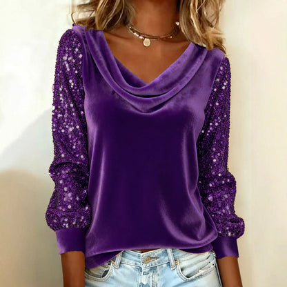 🔥**Damska Modna Bluzka z Weluru, Złożonym Kołnierzykiem, Połączona z Strysami, Długim Rękawem**🔥-4181748