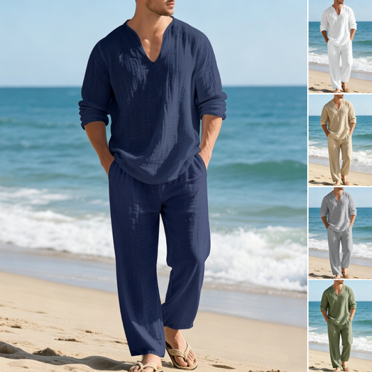 🌴 50% de descuento🔥【Top + Pantalones】Traje casual de lino para hombre con corte holgado y cuello en V para la playa. ✅️Pago contra entrega ✅️2 artículos con un 70% de descuento