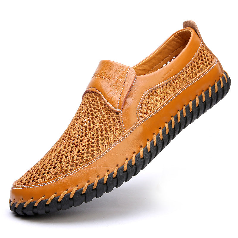 【38-48】👞Nuevos zapatos de malla y cuero para hombre, primavera/verano - Tallas grandes - Cuero genuino de vaca, resistentes al sudor y al olor, transpirables y cómodos.
