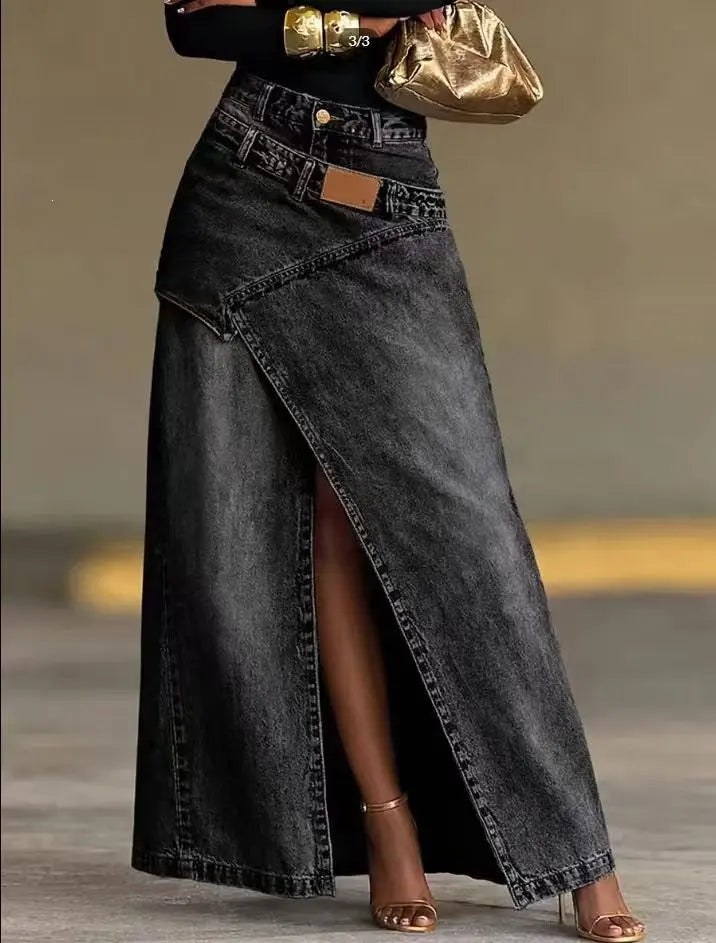 🥇【S-3XL】Falda larga vaquera para mujer con cintura de capas, corte holgado y diseño elegante.