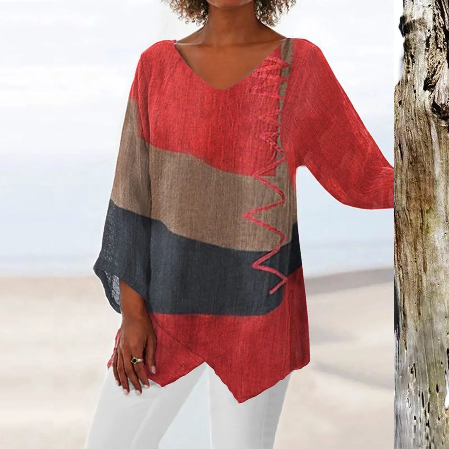 ⭐⏳ Poslední den – 50 % sleva 😍【S–5XL】Elegantní dámský ležérní top: výstřih do V, dlouhé rukávy, umělecký vzor
