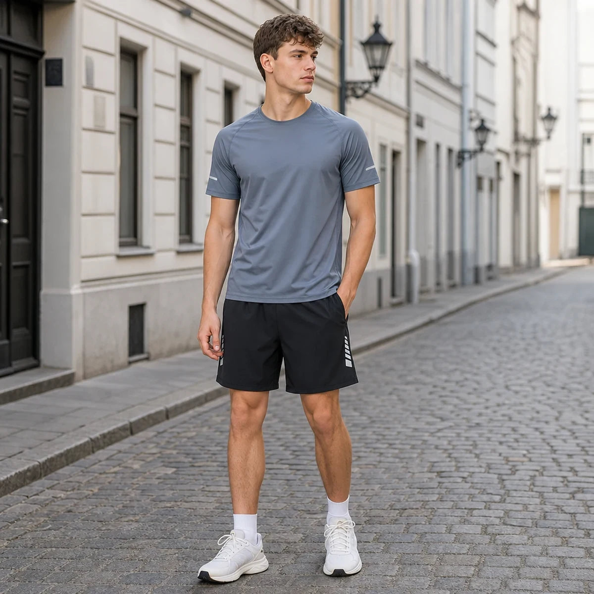 🔥【50% de descuento】✨Conjunto deportivo de verano de dos piezas para hombre: camiseta de manga corta y pantalones cortos cómodos con bolsillo trasero en la cintura.