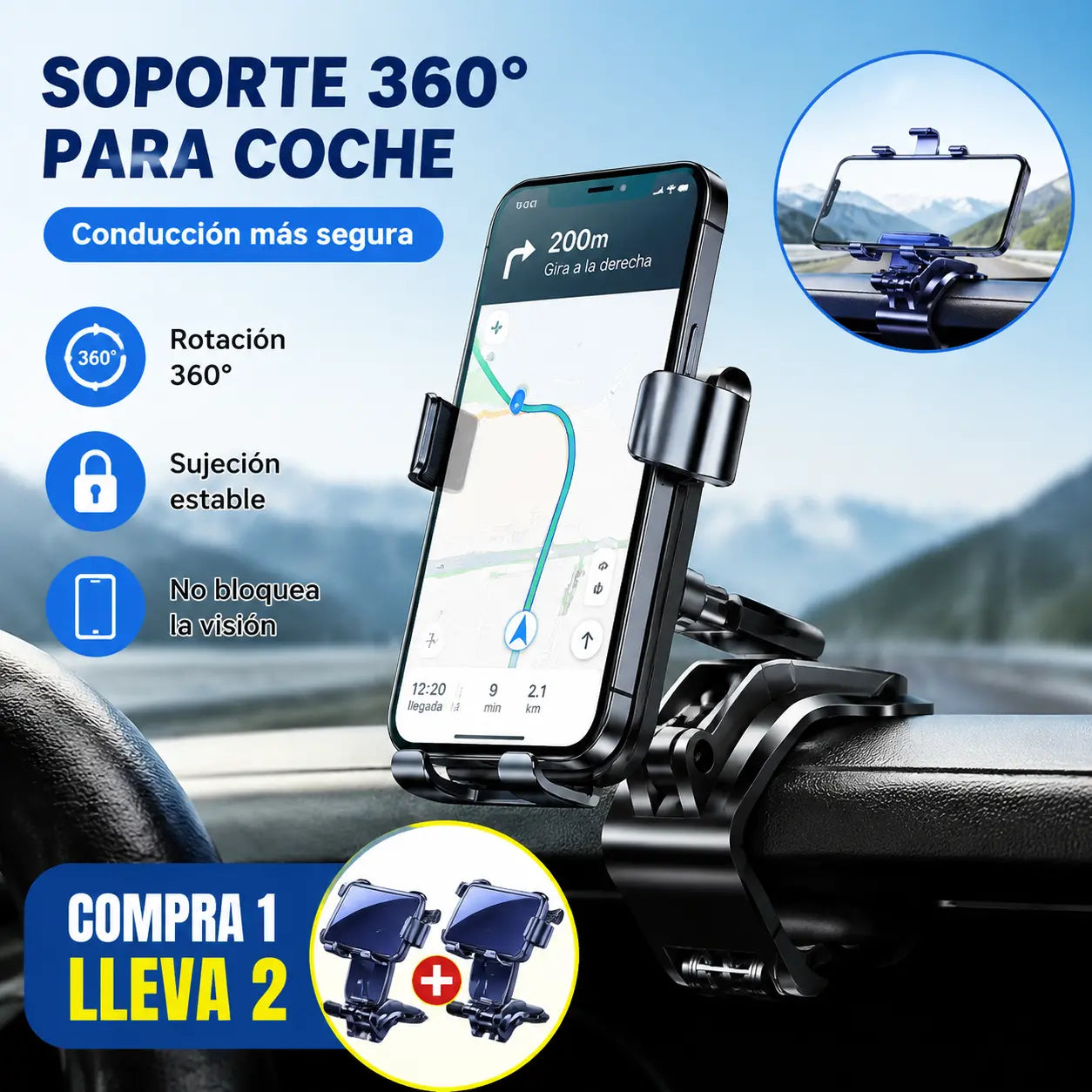 🔥【Compra 1 y llévate 1 gratis】🚗Soporte para teléfono móvil giratorio de 360° para coche