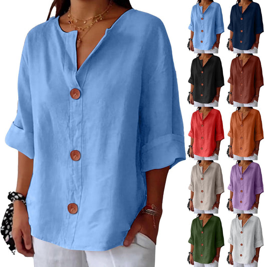 🔥【Descuento por tiempo limitado】【S-5XL】🔥Novedad para primavera/verano 2026: Camiseta holgada - Top de cuello en V de algodón y lino para mujer
