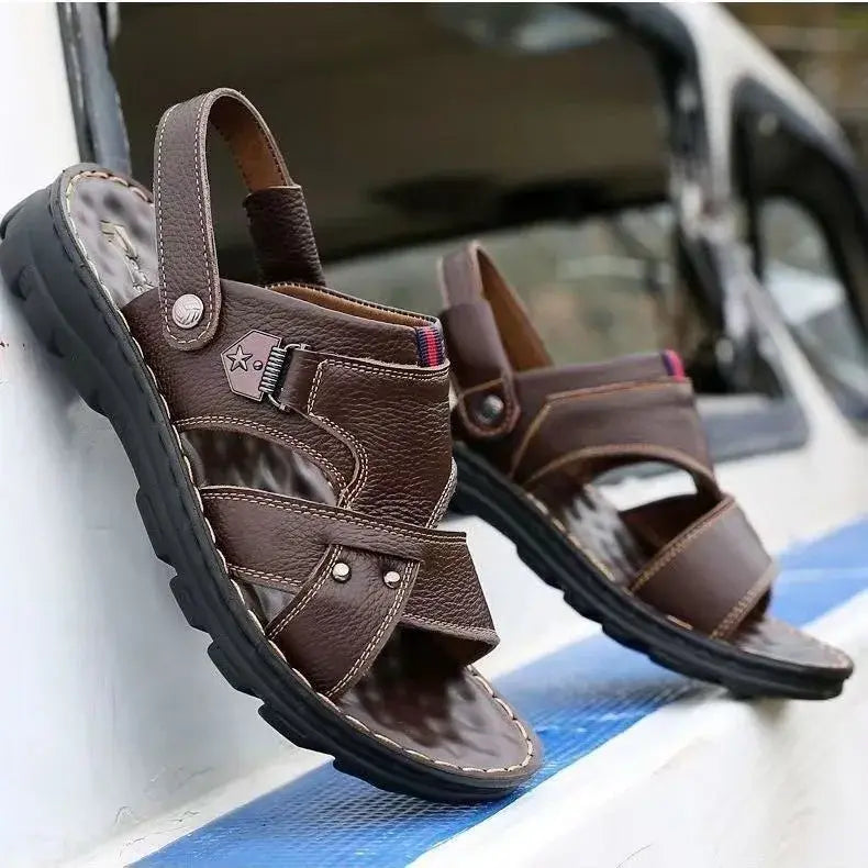 🐂【38-44】Sandalias de playa antideslizantes de cuero genuino con suela blanda para hombre
