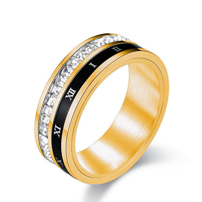 ✨✨Anillo giratorio de acero y titanio con números romanos y diamantes