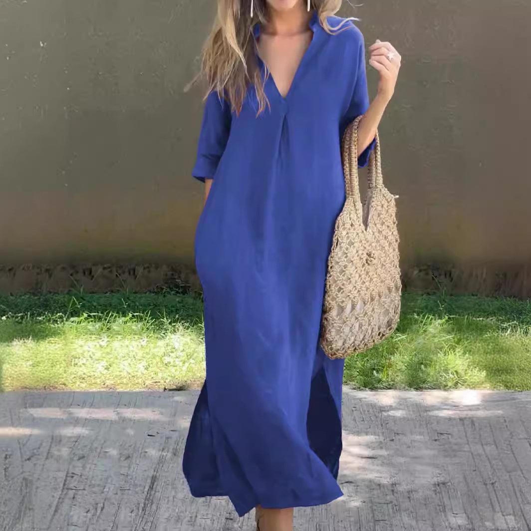 🌿💃【Sleva 50 % 🔥】【S–3XL】Letní lněné maxi šaty s výstřihem do V a rozparky – pohodlné a lehké na léto