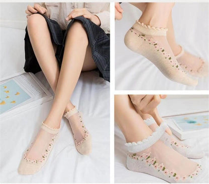 🔥10 pares de calcetines finos de encaje transpirables con estampado floral.